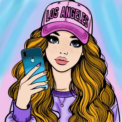 realistic beautiful girl wearing los ángeles cap holding an iphone