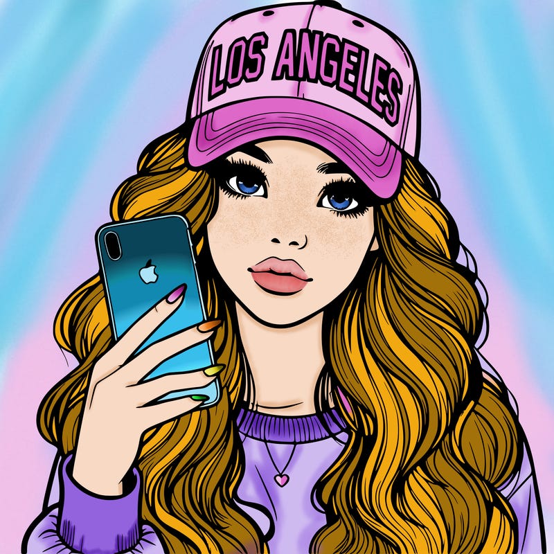 realistic beautiful girl wearing los ángeles cap holding an iphone