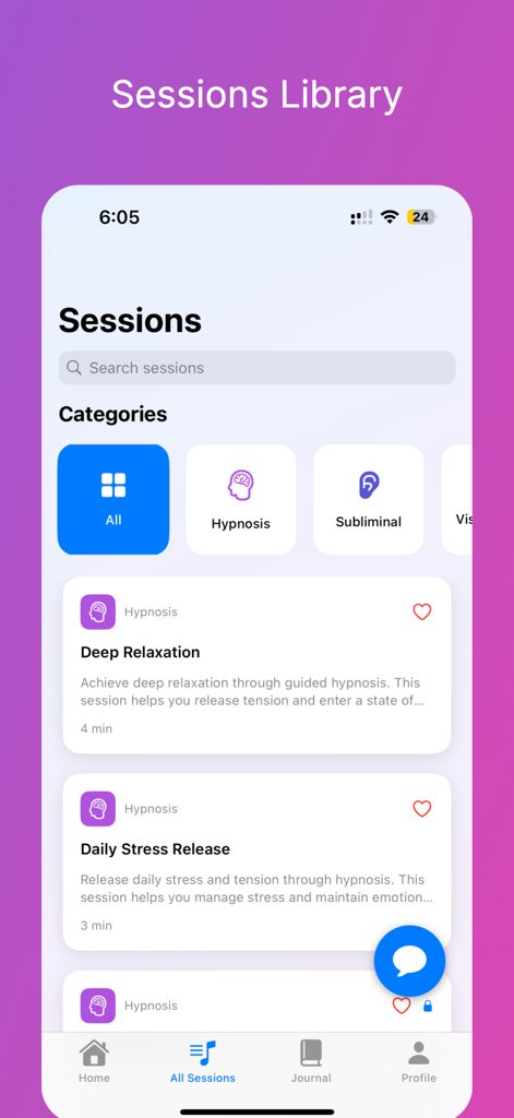 Innerbloom: Calm, Sleep, Focus - Tela da biblioteca de sessões do aplicativo Innerbloom mostrando categorias de hipnose e relaxamento