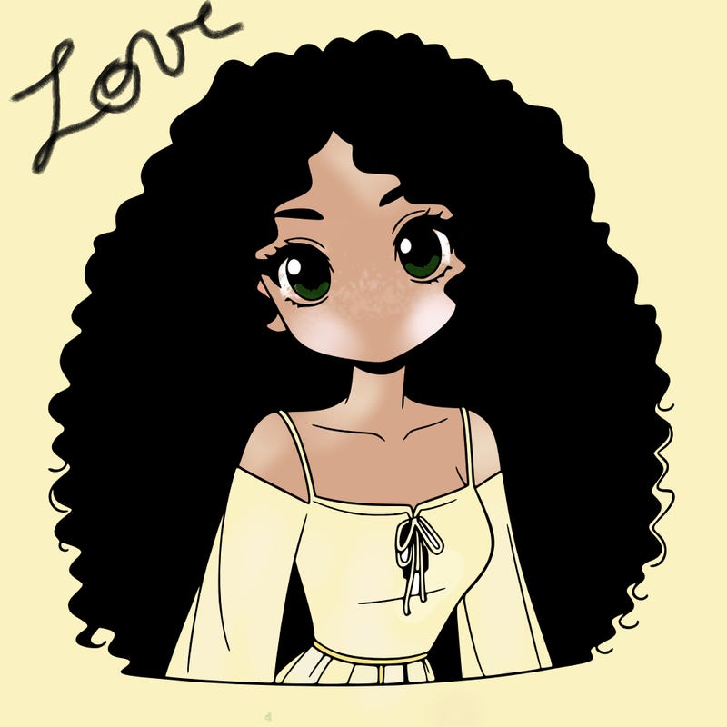 a black anime girl with long afro hair