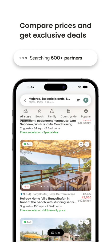 Holidu: Vacation Rentals - 価格比較や限定セールを含むマヨルカ島のバケーションレンタル一覧を表示するHoliduアプリのインターフェース