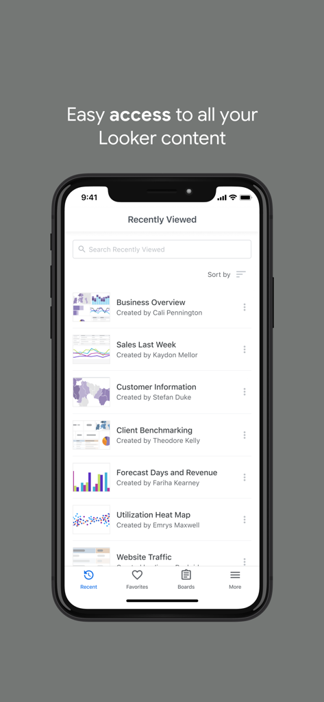 Interface do aplicativo Looker Mobile Legacy mostrando uma lista de dashboards e relatórios de negócios visualizados recentemente em um smartphone
