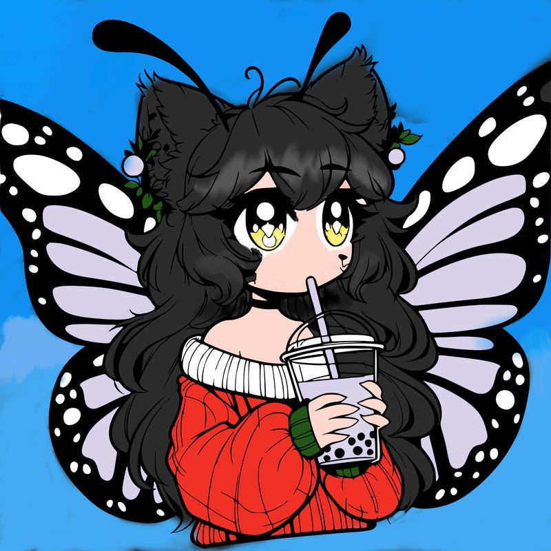 a realistic butterfly/furry girl drinking boba