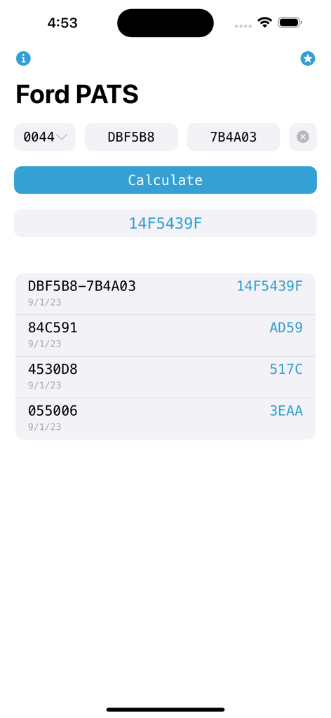 Ford PATS Incode Calculator app interface showing outcode entry fields and calculation history