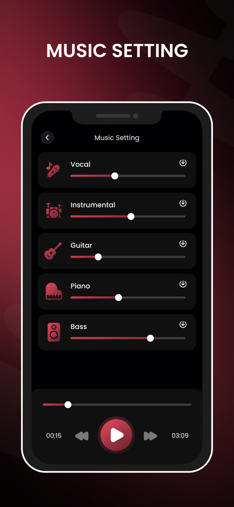 Song Vocal Remover - Music Ext - Interfaccia delle impostazioni musicali con cursori per regolare il volume delle tracce vocali, strumentali, chitarra, pianoforte e basso
