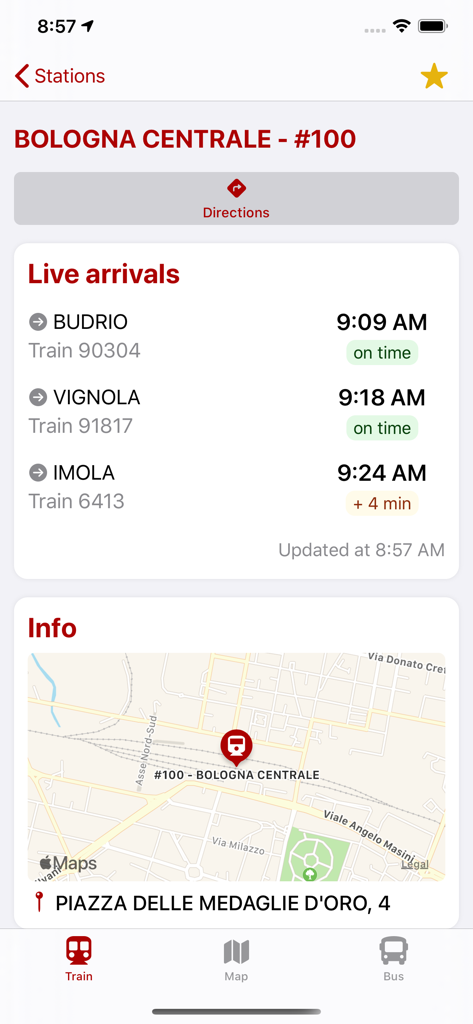 WeBus - Bologna & Ferrara - Screenshot of the WeBus app showing live train arrival times and map location for Bologna Centrale station