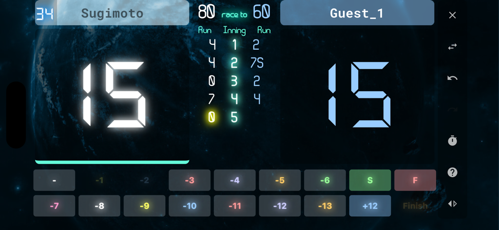 neon  cue sports score board - Digital scoreboard interface for a cue sports match showing player scores and inning stats