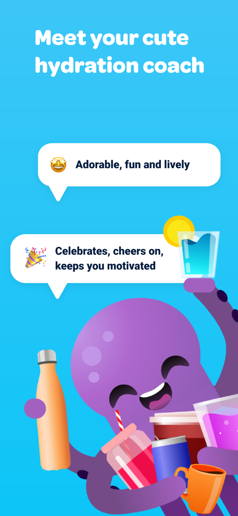 Waterful® Drink water tracker - Cute purple octopus hydration coach from Waterful app holding different drinks to encourage daily water intake