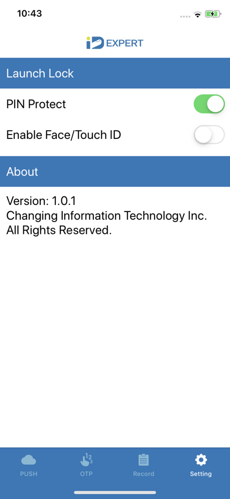 Settings interface of IDExpert app featuring Launch Lock with PIN and Biometric options