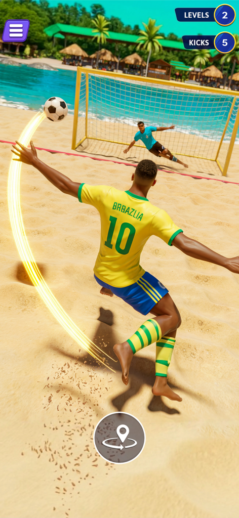 World Soccer Rematch League - 노란색 유니폼을 입은 축구 선수가 열대 해변 경기장에서 곡예 킥을 하고 있습니다