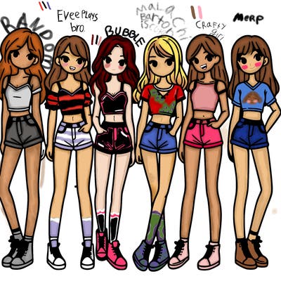 a group of girls wearing crop tops and shorts