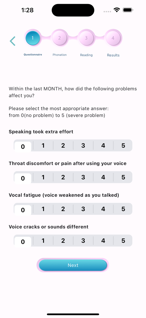 VoiceScreen+ - VoiceScreen app questionnaire screen for assessing vocal symptoms and fatigue.