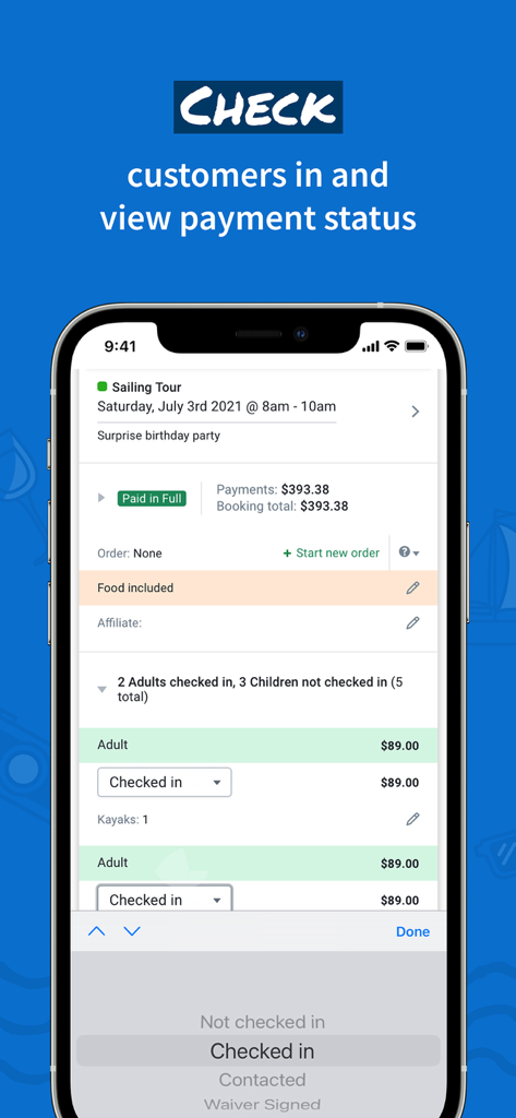 FareHarbor - FareHarbor app interface for checking in customers and viewing payment status for a tour