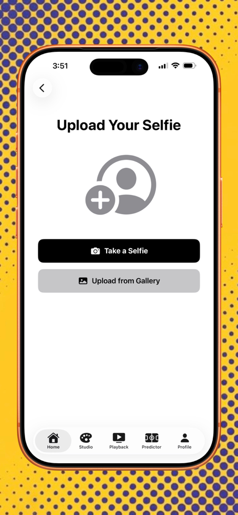 The selfie upload screen in the Moose Fans app for creating a digital fan mosaic jersey.