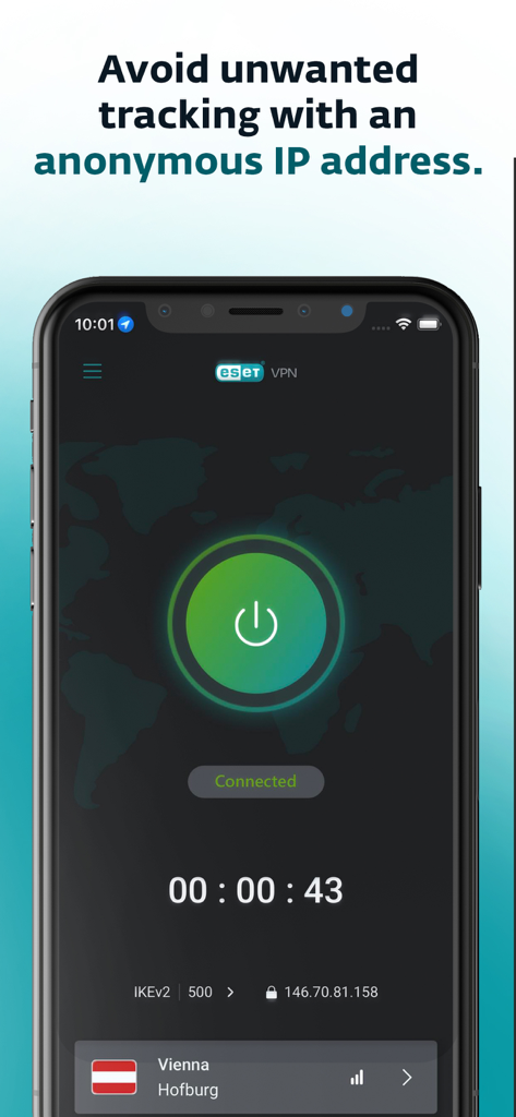 ESET VPN app interface on iPhone displaying a successful connection to a secure server in Vienna