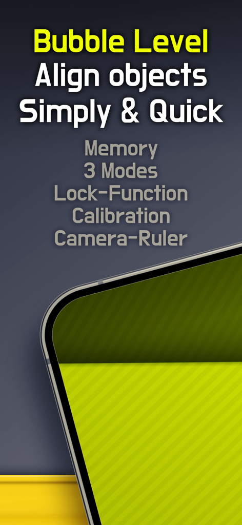 Bubble Level: AR, Angle Finder - Una pantalla de smartphone que muestra una aplicación de nivel de burbuja con características clave como calibración y regla de cámara