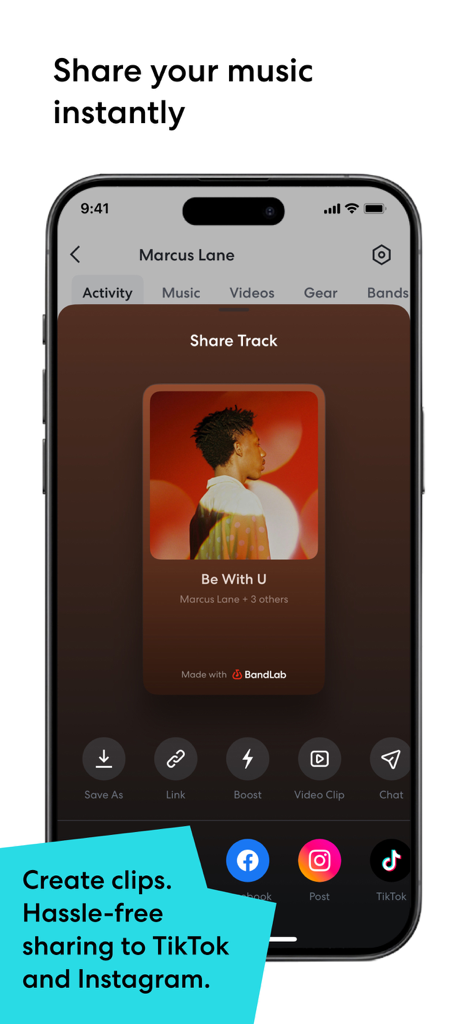 BandLab App-Bildschirm, der Optionen zum Teilen von Musik-Tracks für TikTok und Instagram anzeigt
