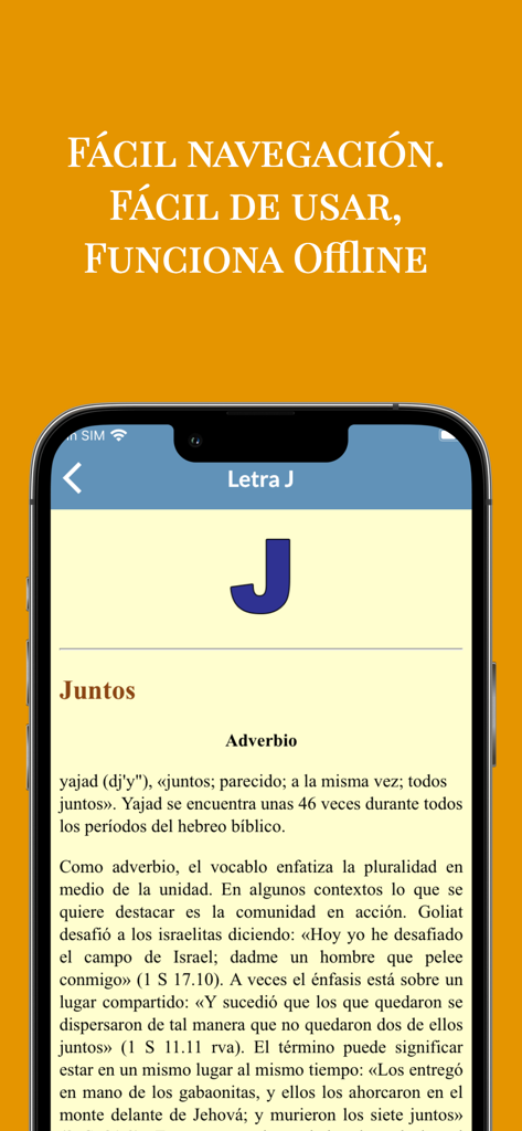 Interfaz de la aplicación Diccionario Hebreo Bíblico destacando su facilidad de uso y modo offline