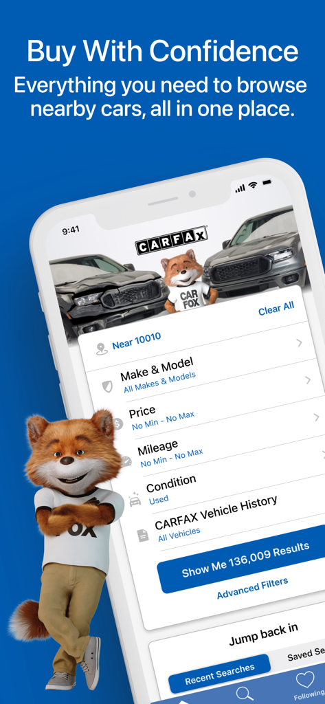 CARFAX - New & Used Cars - CARFAX app mobile interface showing car search filters and the Car Fox mascot