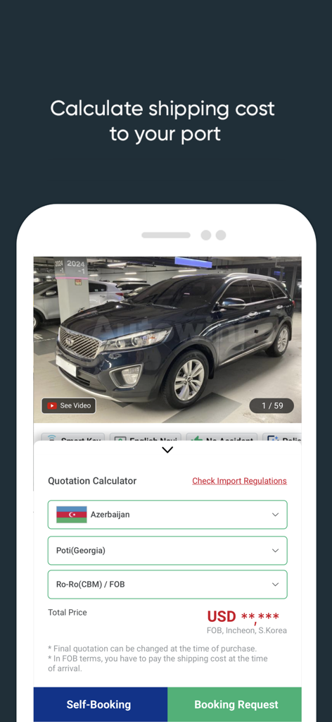 Autowini For Buyers - Interfaz de la aplicación móvil de Autowini que muestra una calculadora de cotización para costos de envío internacional de automóviles