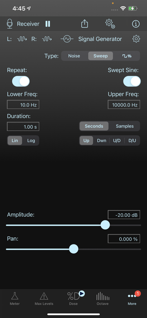 SoundMeter X - Oberfläche von SoundMeter X mit Signalgenerator-Einstellungen für Frequenzsweeps und Amplitude