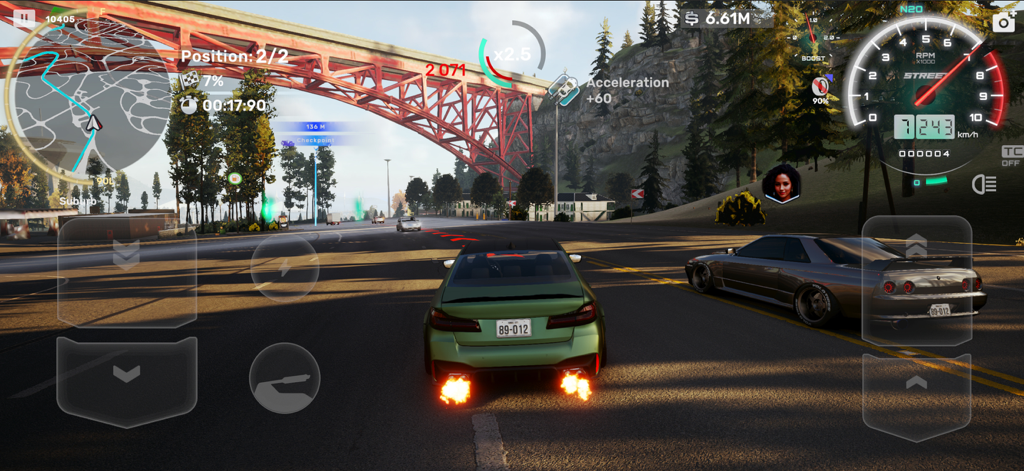 High quality street racing gameplay in CarX Street showing a green car accelerating under a bridge at sunset