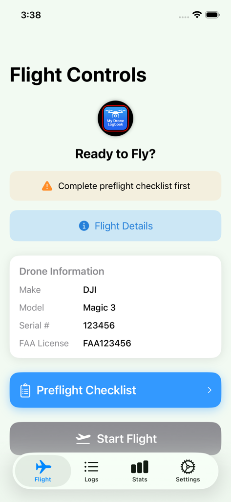 My Drone Log Books - Drone flight controls screen showing drone information and a preflight checklist requirement.