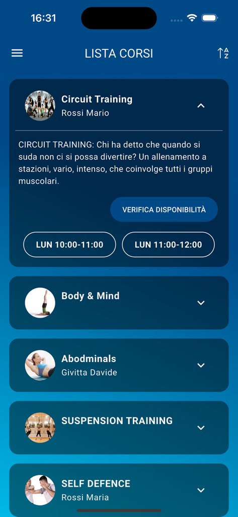 Pantalla móvil de la aplicación ABC Palestre que muestra el horario de clases de fitness y los detalles de reserva del entrenamiento en circuito.
