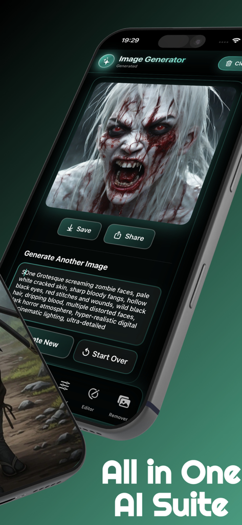 Lmarena AI Art Generator - Tela do iPhone mostrando um retrato grotesco de zumbi gerado pelo aplicativo Lmarena AI Art Generator