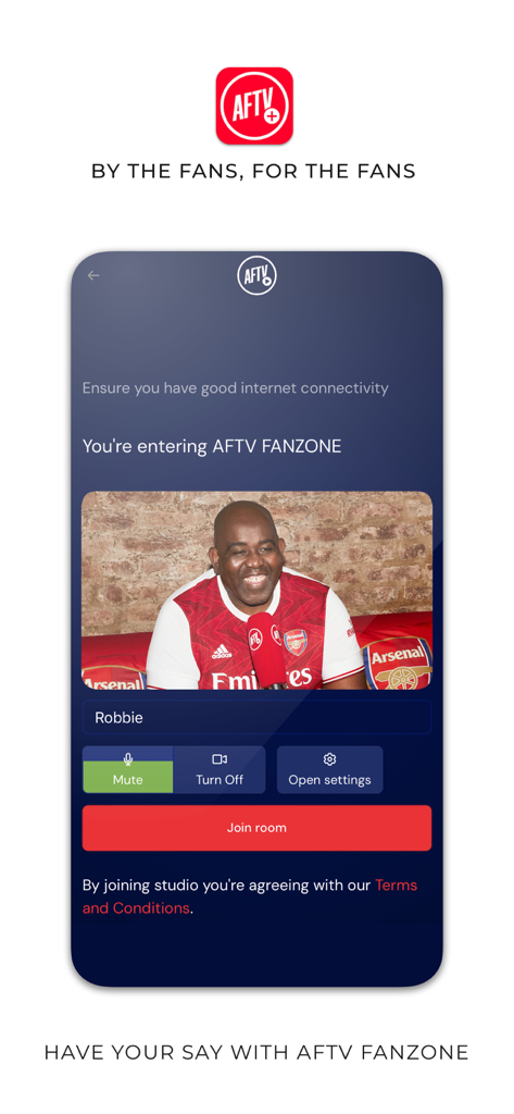 AFTV Plus app interface showing the Fanzone feature with a join room button and fan broadcast preview