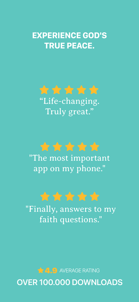 Amen Bible Chat app showing a 4.9 average rating over 100000 downloads and positive user testimonials