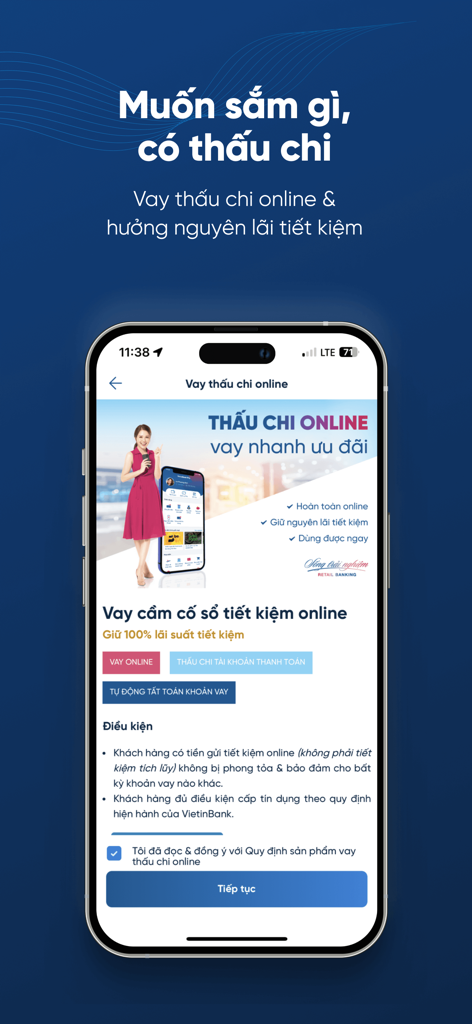 VietinBank iPay - VietinBank iPay app screen showing online overdraft loan features in Vietnamese