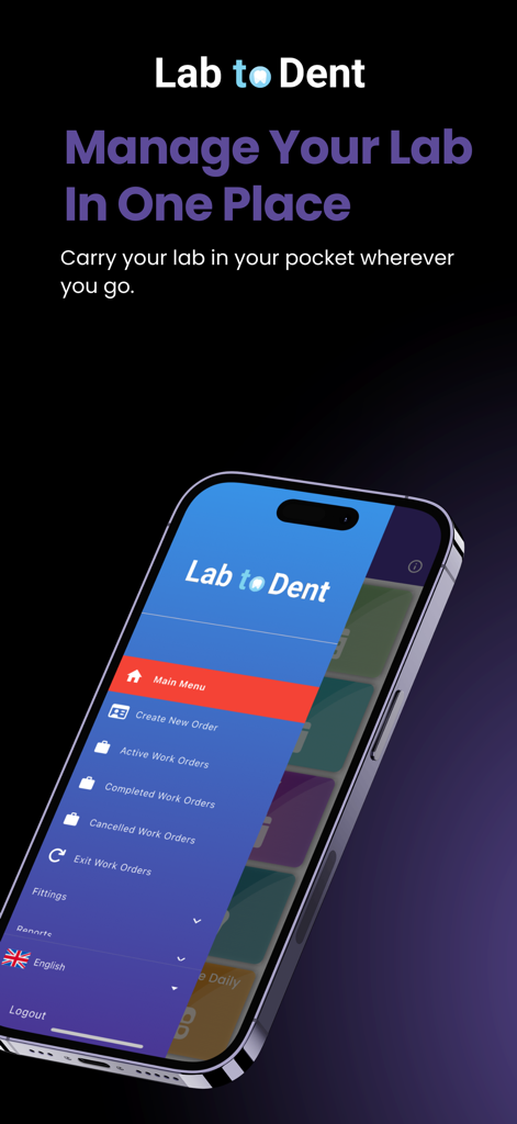 Lab to Dent - Menu principal do aplicativo móvel Lab to Dent mostrando opções de gerenciamento de ordens de serviço para laboratórios dentários
