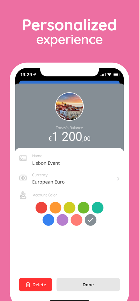 Moneyboard Budget Planner Bill - Moneyboard app interface for personalizing budget accounts with colors and currencies