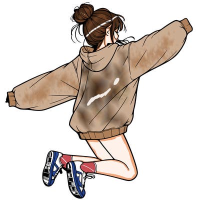 realistic girl jumping with a bun and oversized sweatshirt