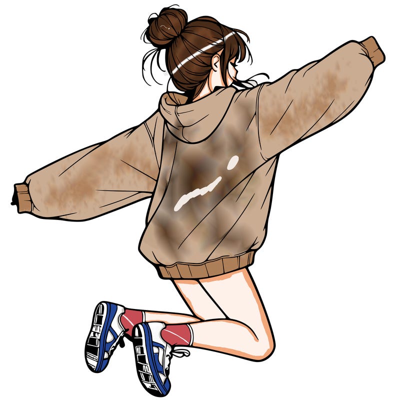realistic girl jumping with a bun and oversized sweatshirt