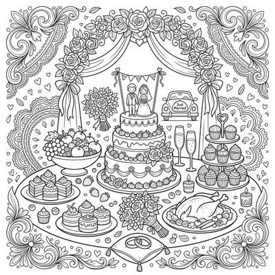 Immerse yourself in a beautiful wedding celebration with this detailed coloring page, showcasing a magnificent spread of delectable treats and romantic elements. Perfect for bringing festive cheer and intricate details to life with your favorite colors.