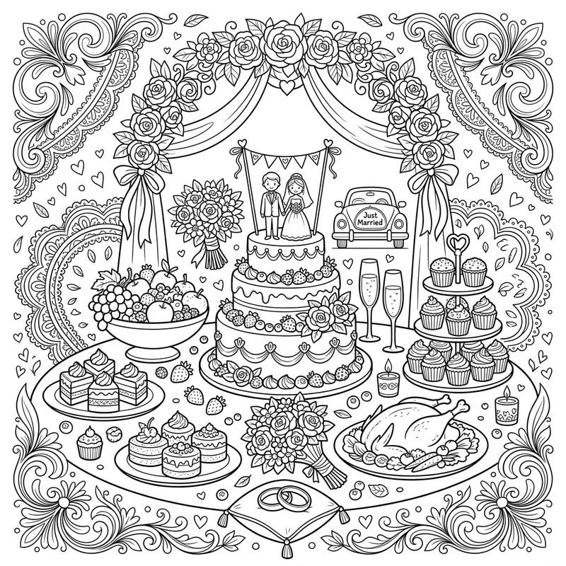 Immerse yourself in a beautiful wedding celebration with this detailed coloring page, showcasing a magnificent spread of delectable treats and romantic elements. Perfect for bringing festive cheer and intricate details to life with your favorite colors.