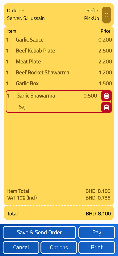 INVOPOS注文概要画面に、食品アイテムとチェックアウトボタンが表示されている