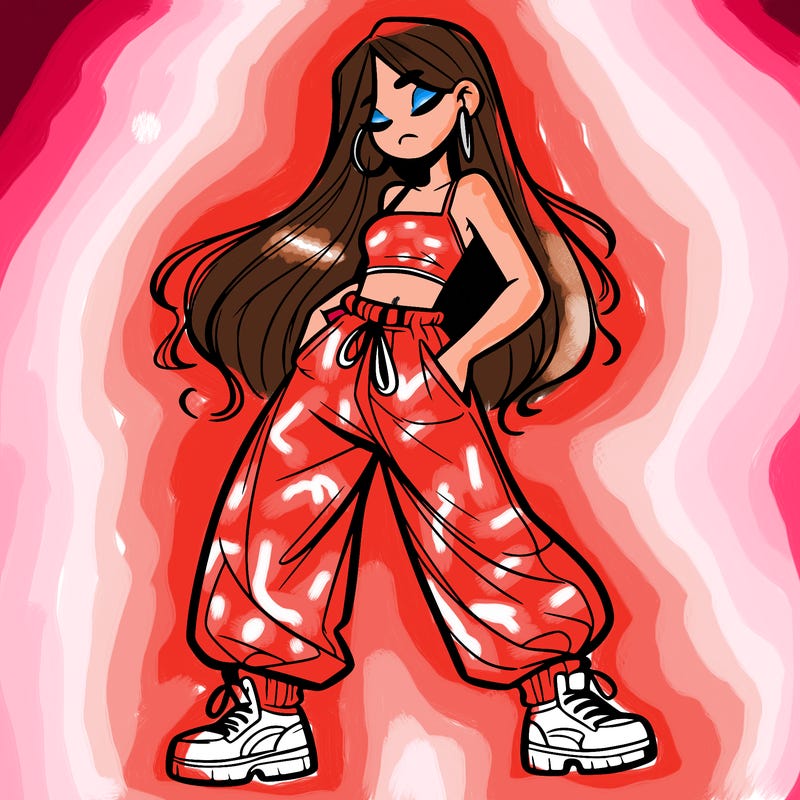 girl in baggy pants crop top and long hair