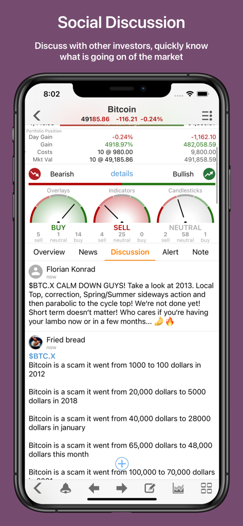 Crypto Master: Market Analysis - Social-Diskussions-Oberfläche in der Crypto Master App, die Bitcoin-Marktanalysen und Benutzerkommentare zeigt