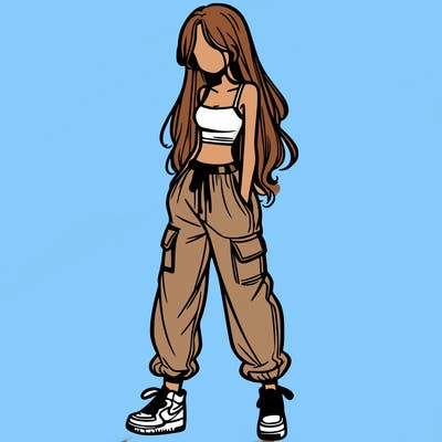 girl in baggy pants crop top and long hair