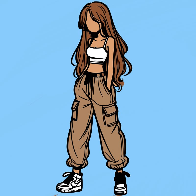 girl in baggy pants crop top and long hair