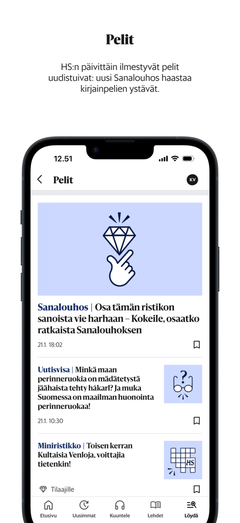 HS – Helsingin Sanomat - A mobile interface of the Helsingin Sanomat app showing the Pelit section with various news games and puzzles
