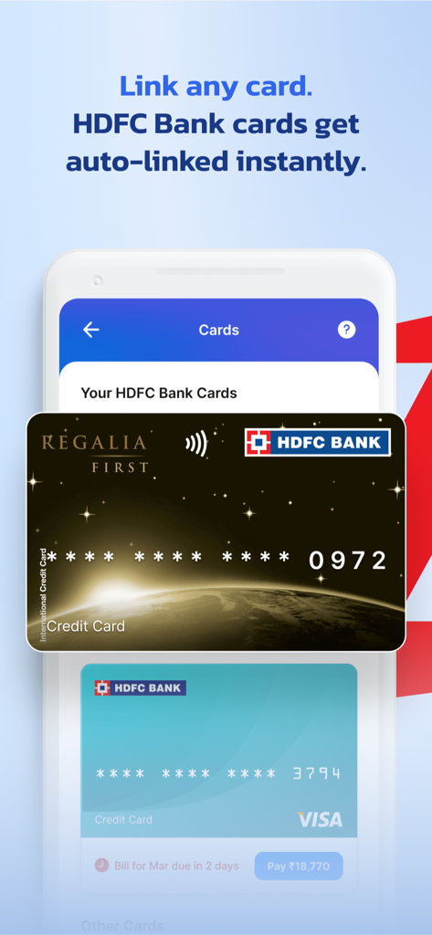 PayZapp app interface showing auto-linked HDFC Bank credit cards