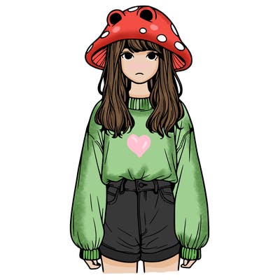 a realistic girl with a frog hat and baggy mushroom shirt