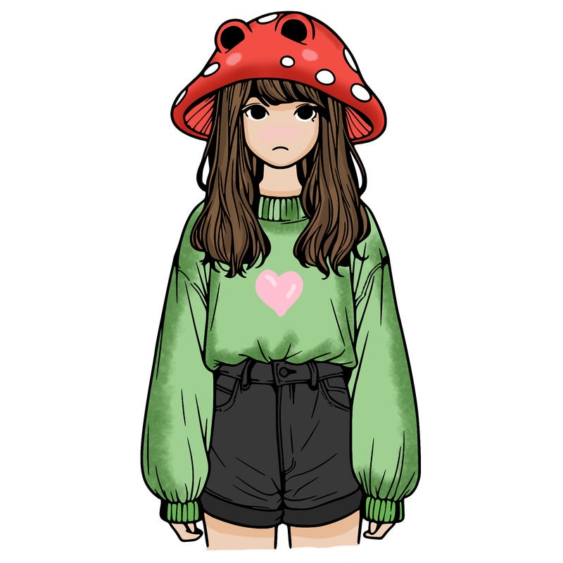 a realistic girl with a frog hat and baggy mushroom shirt