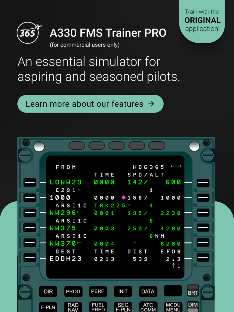 Professional Airbus A330 flight management system simulator interface