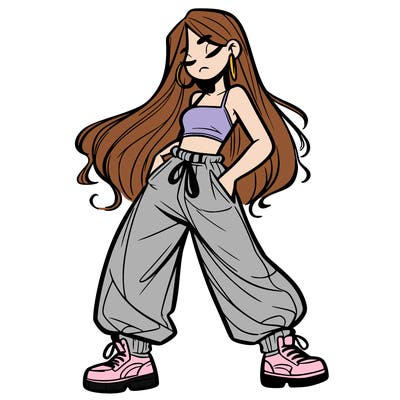 girl in baggy pants crop top and long hair