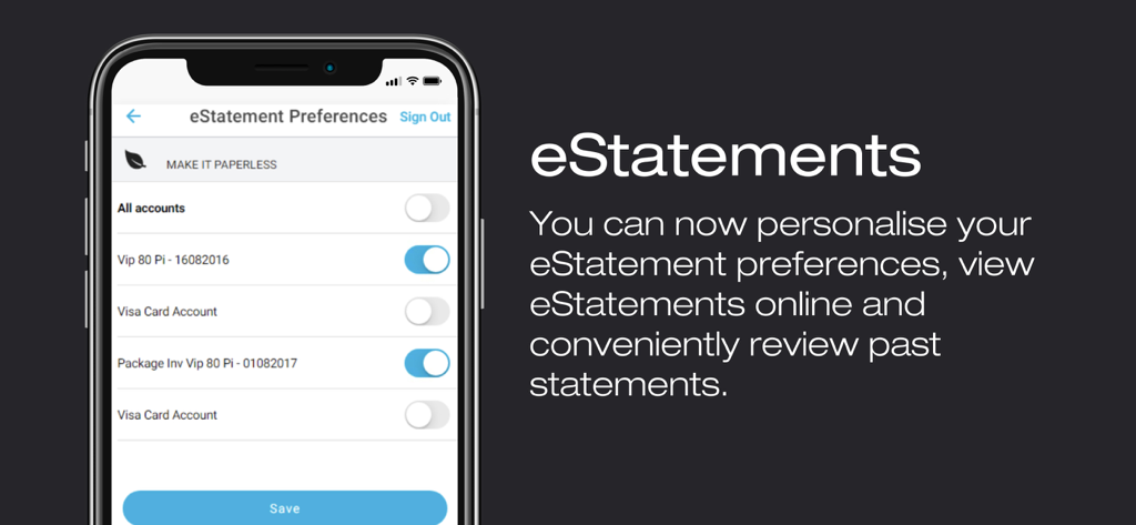 Firstmac Money - Interface for managing paperless eStatement preferences in the Firstmac Money app.
